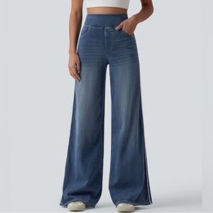 NEW Halara High Waisted Stripe Wide Leg Flowy Washed Casual Jeans with Pockets